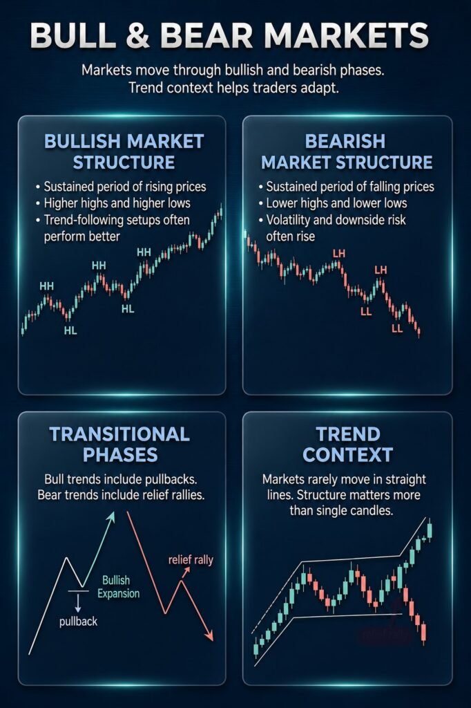 Bull and bear markets trading infographic explaining market phases, trend structure and transitional market conditions