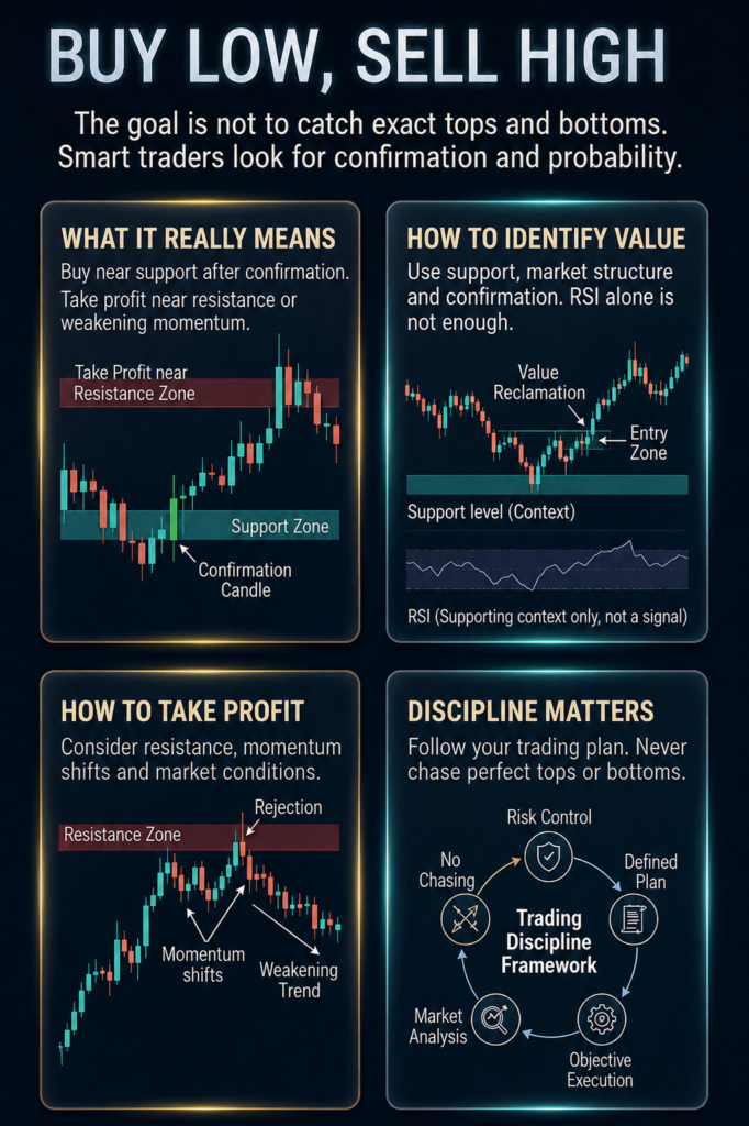 Buy low sell high trading infographic explaining value entries, profit taking, confirmation and trading discipline