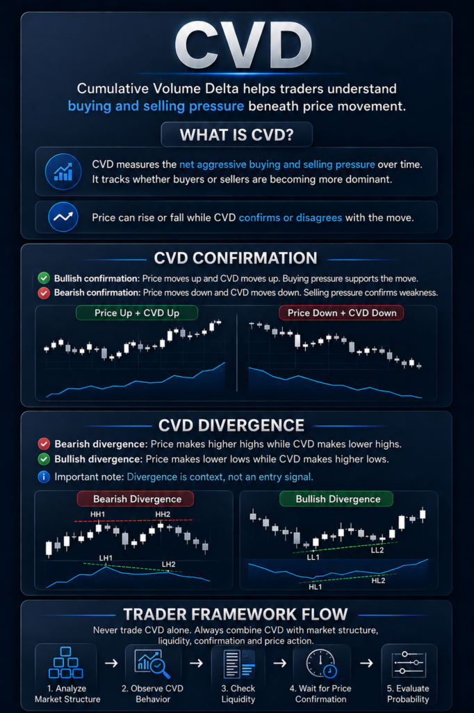 Cumulative Volume Delta (CVD) infographic explaining buying and selling pressure, CVD confirmation, divergence analysis and order flow confirmation in trading
