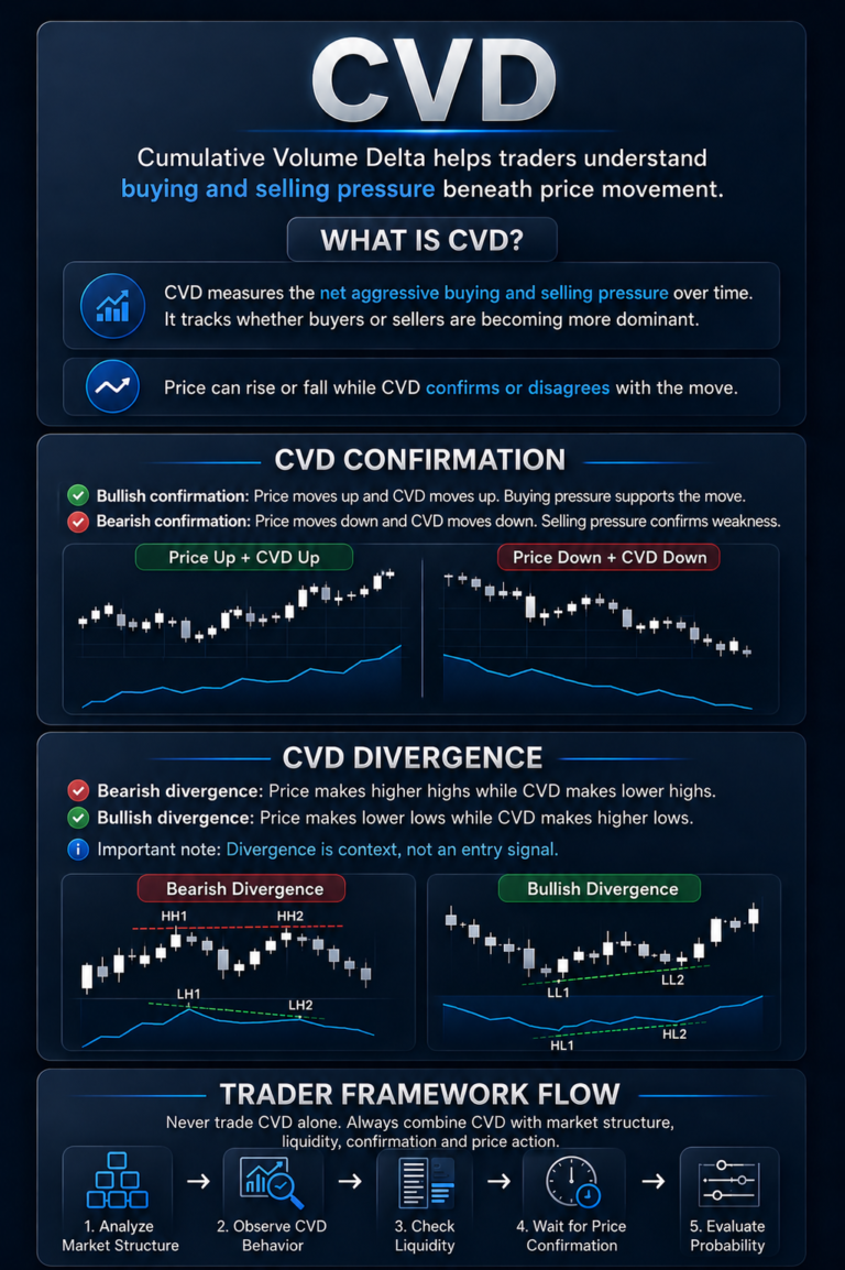 Cumulative Volume Delta (CVD) infographic explaining buying and selling pressure, CVD confirmation, divergence analysis and order flow confirmation in trading