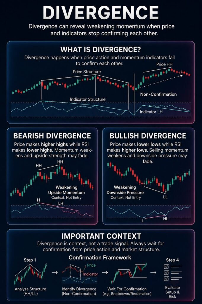 Divergence trading infographic explaining bullish divergence, bearish divergence and momentum confirmation