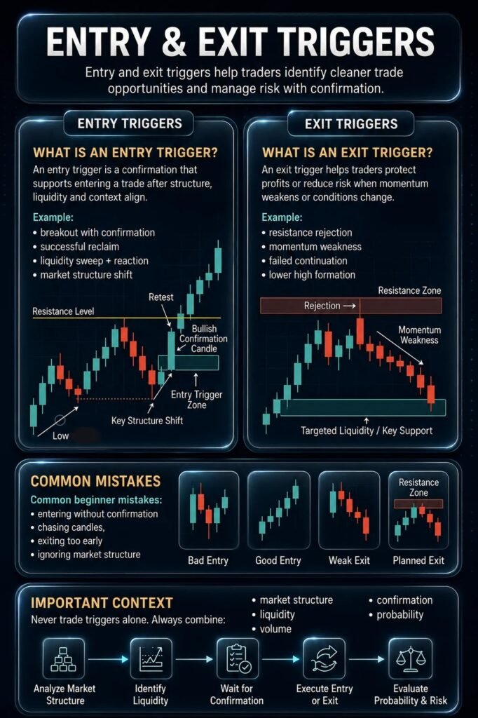 Entry and exit triggers trading infographic explaining trade confirmation and risk management