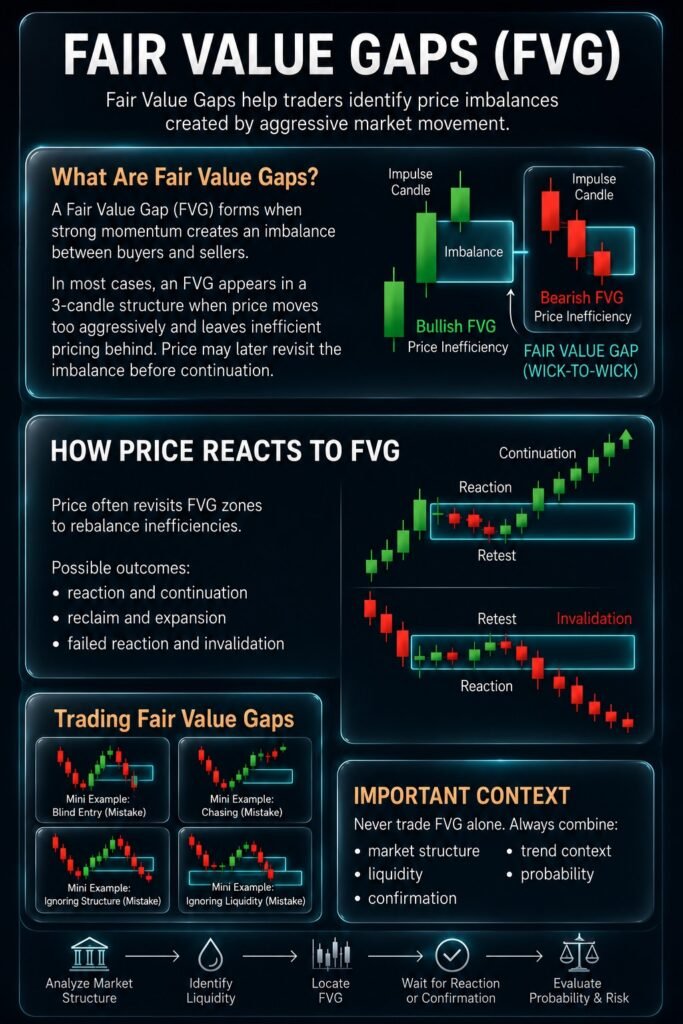Fair Value Gaps FVG trading infographic explaining price imbalances, market reactions and confirmation techniques