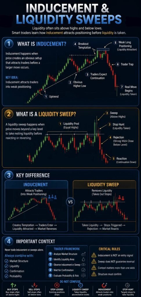 Inducement and liquidity sweeps trading infographic explaining market liquidity concepts
