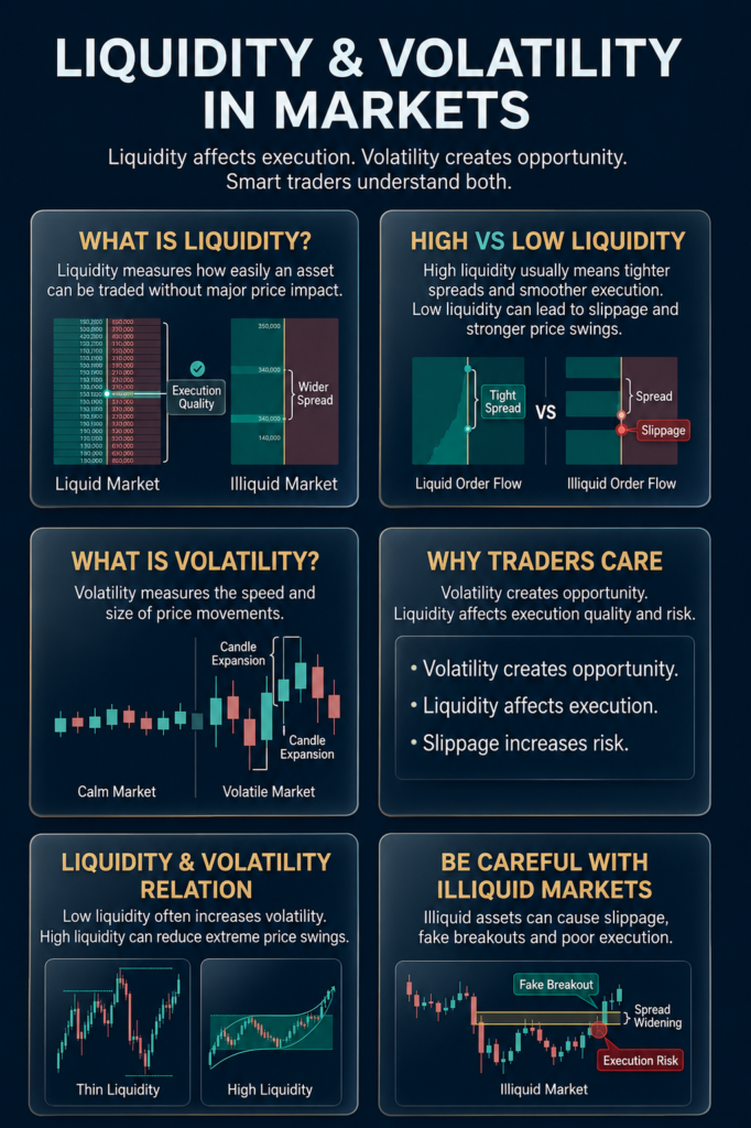 Liquidity and volatility trading infographic explaining market liquidity, volatility, execution quality and trading risk