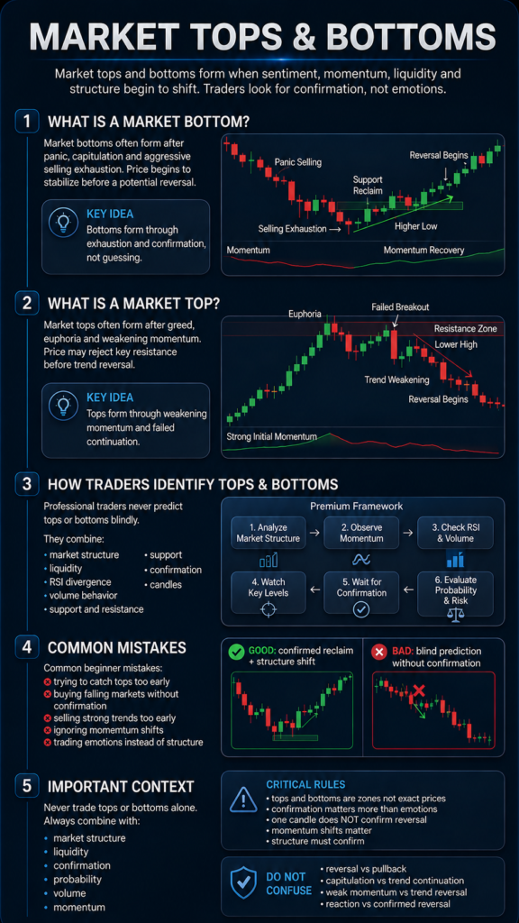 Trading infographic explaining how market tops and bottoms form, confirmation signals, momentum shifts, common mistakes and probability based reversal analysis