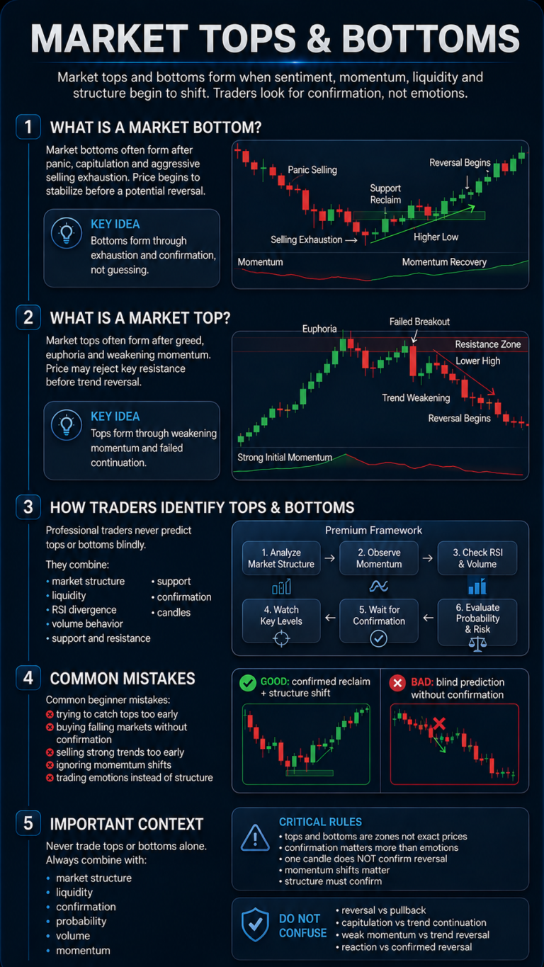 Trading infographic explaining how market tops and bottoms form, confirmation signals, momentum shifts, common mistakes and probability based reversal analysis