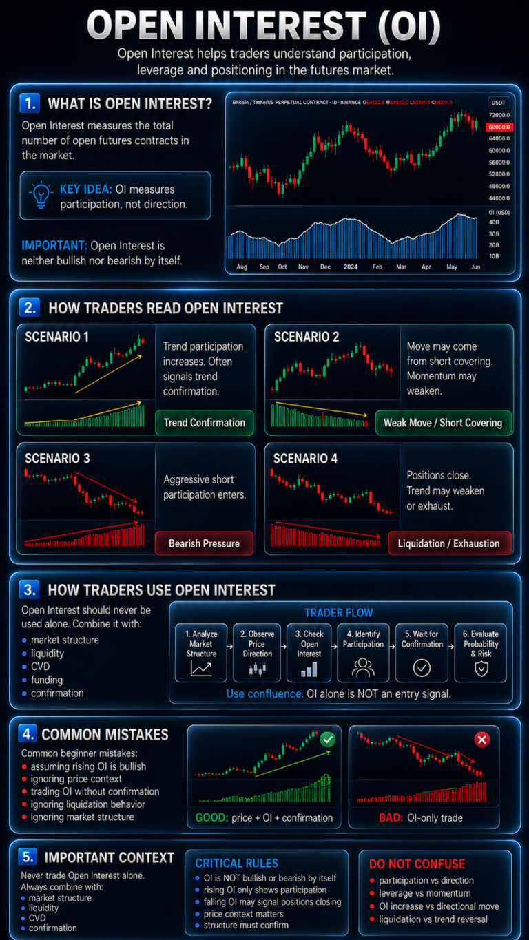 Open Interest (OI) infographic explaining futures market participation, leverage, trend confirmation, trader positioning and how Open Interest is combined with price action and market structure