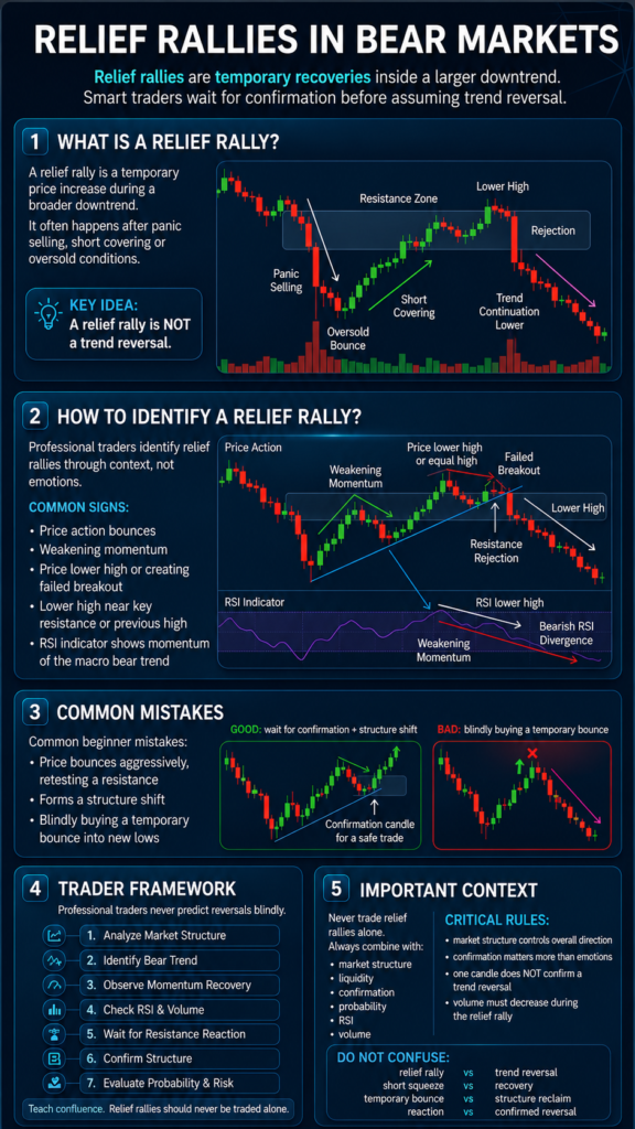 Trading infographic explaining relief rallies in bear markets, how to identify temporary bullish bounces, common mistakes and confirmation techniques before entering trades