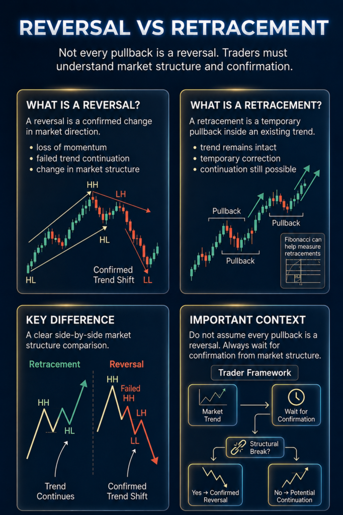 Reversal vs retracement trading infographic explaining trend continuation, market reversals and confirmation