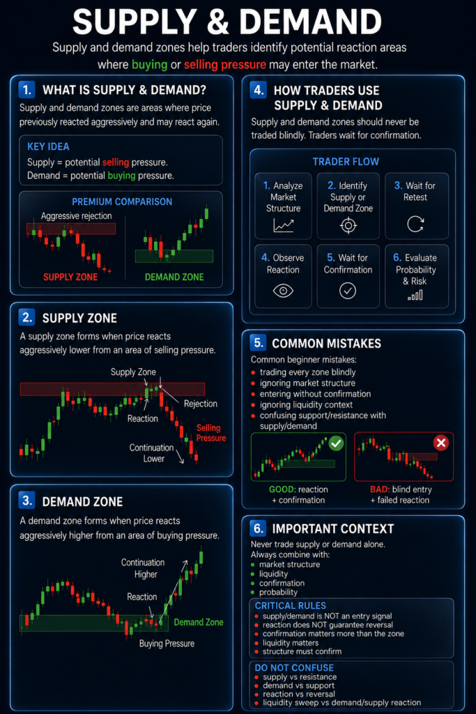 Supply and demand trading infographic explaining market reaction zones and price action