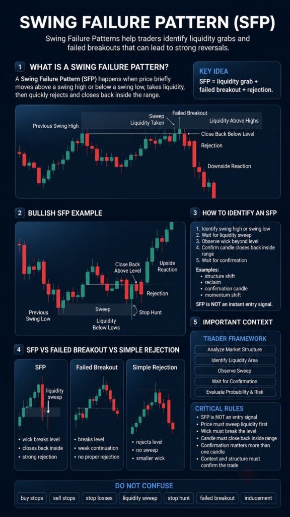 Swing Failure Pattern SFP trading infographic explaining liquidity grabs, failed breakouts and reversal confirmation