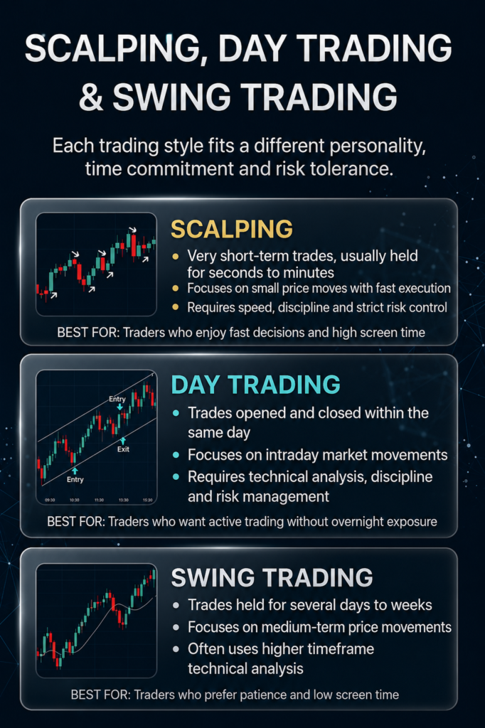 Trading styles infographic comparing scalping, day trading and swing trading with holding periods, characteristics and ideal trader profiles
