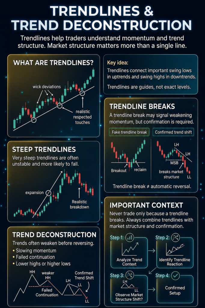 Trendlines and trend deconstruction trading infographic explaining trendline breaks, market structure and confirmation