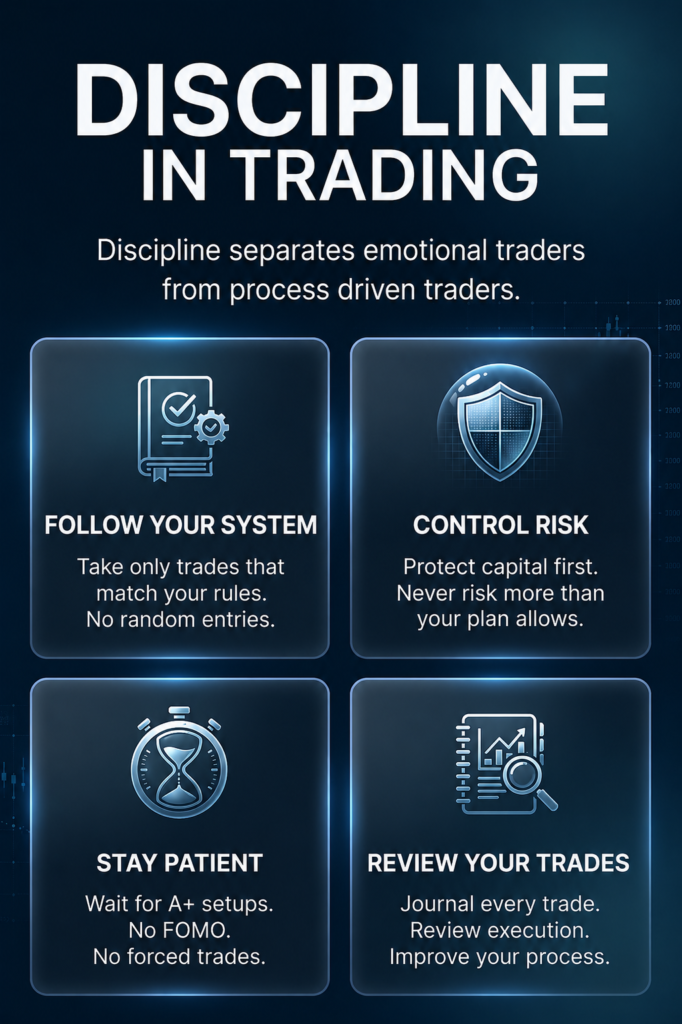 Trading discipline infographic explaining rule based execution, risk control, patience and trade review to improve long term trading consistency