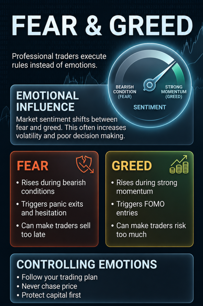 Trading psychology infographic explaining fear and greed, emotional decision making, market sentiment and techniques to maintain disciplined trading