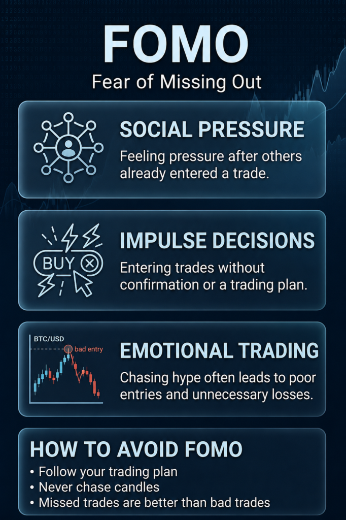 Trading psychology infographic explaining Fear of Missing Out (FOMO), social pressure, impulsive trading, emotional decision making and practical ways to avoid FOMO