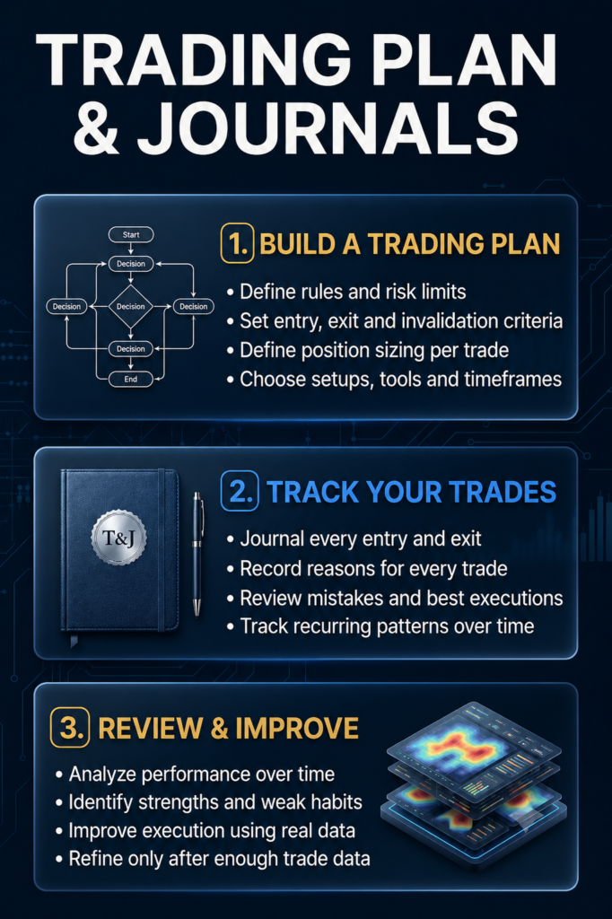 Trading plan and trading journal infographic explaining trade planning, journaling, performance review and continuous improvement