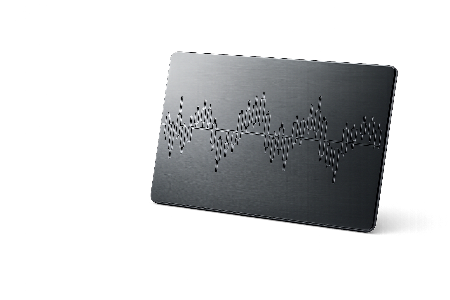 A brushed metal device engraved with a candlestick pattern, representing the Nobilora trading framework